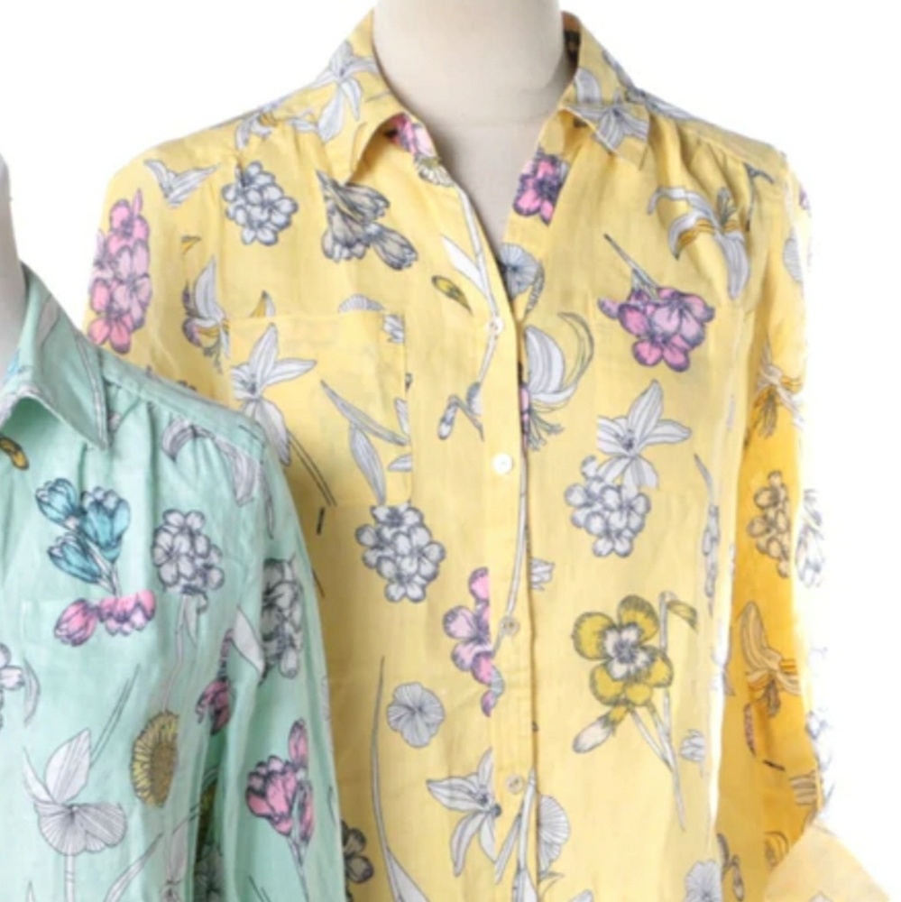 Charter Club 100% Linen 2X Yellow Floral Blouse